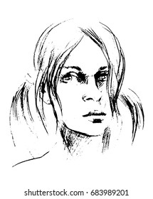 Vector Hand drawn pencil sketch with face of a girl. Female portrait.