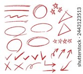 Vector hand drawn pencil textured elements isolated on white background circles squares heart arrows underline strokes set