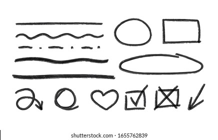 Vector hand drawn pencil textured elements isolated on white background, circles, squares, heart, arrows, underline strokes set.