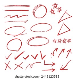 Vector hand drawn pencil textured elements isolated on white background circles squares heart arrows underline strokes set