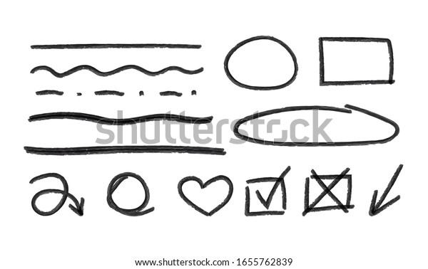 Vector hand drawn pencil textured elements isolated\
on white background, circles, squares, heart, arrows, underline\
strokes set.