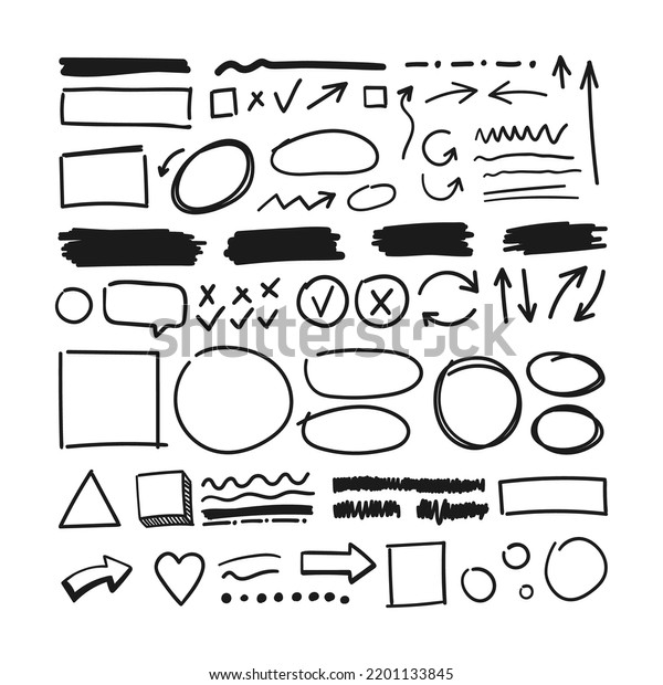 Vector hand drawn pencil textured elements isolated\
on white background, circles, squares, heart, arrows, underline\
strokes set.