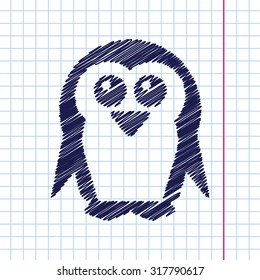 Vector hand drawn penguin icon on copybook 
