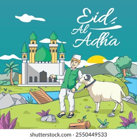 Vector hand drawn people celebrating eid aladha illustration eid aladha illsutration background.  Al adha banner design vectoriIllustration