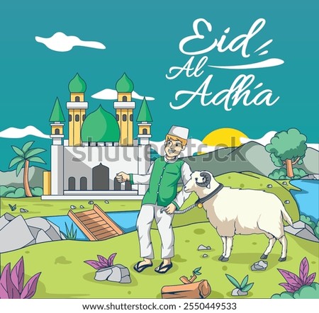 Vector hand drawn people celebrating eid aladha illustration eid aladha illsutration background.  Al adha banner design vectoriIllustration