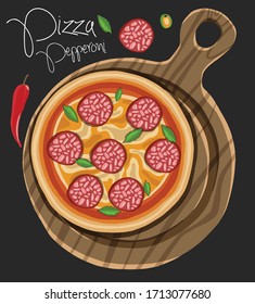 Vector hand drawn pepperoni pizza on cutting board