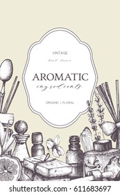 Vector Hand drawn Perfumery and cosmetics ingredients illustration. Aromatic and medicinal plant design. Vintage template 