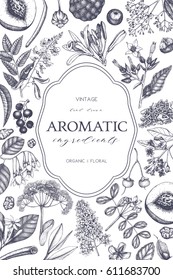 Vector Hand drawn Perfumery and cosmetics ingredients illustration. Aromatic and medicinal plant design. Vintage template 