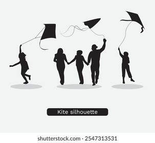  vector hand drawn person flying kite silhouette set