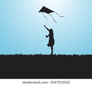  Vektorhandgezeichnete Person fliegender Drachen Silhouette Set