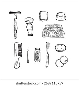 Vector hand drawn personal hygiene set of bathroom accessories