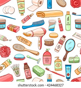 Vector hand drawn personal hygiene seamless pattern with bathroom equipment, cosmetics and tools