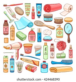 Vector hand drawn personal hygiene set of bathroom equipment, cosmetics and tools