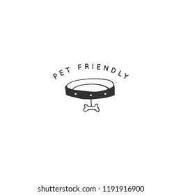 Vector hand drawn pet friendly sign, collar with bone. Pets allowed. Domestic animals. Black on white isolated symbol. Illustration for restaurant, cafe, hotel, shop etc.