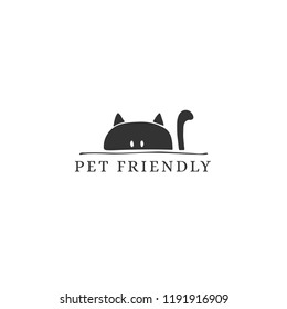 Vector hand drawn pet friendly sign, head of a curious cat. Pets allowed. Domestic animals. Black on white isolated symbol. Illustration for restaurant, cafe, hotel, shop etc.