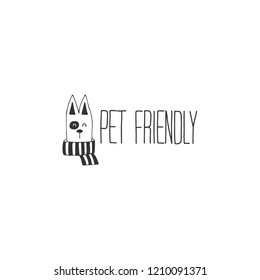 Vector hand drawn pet friendly sign, head of a dog. Pets allowed. Domestic animals. Black on white isolated symbol. Illustration for restaurant, cafe, hotel, shop etc.