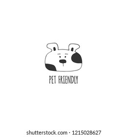 Vector hand drawn pet friendly sign, head of a dog. Pets allowed. Domestic animals. Black on white isolated symbol. Illustration for restaurant, cafe, hotel, shop etc.
