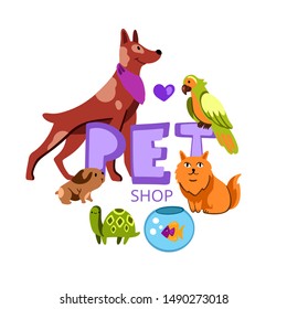 Vector hand drawn pet shop logo with dogs, cats, parrot, turtle, fish, guinnea pig. For pet shop advertisement, souvenirs. Isolated on white.