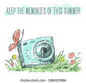 Vector hand drawn photo camera in sketching style on the grass among flowers. Summer lettering.