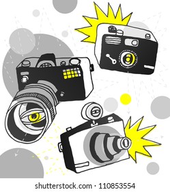 Vector hand drawn photo cameras