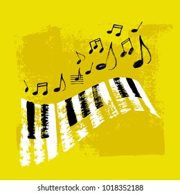 Vector Hand Drawn Piano Keyboard And Music Notes. Abstract Brush Strokes With Paint Texture.