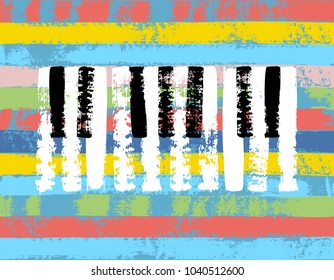 Vector hand drawn piano keyboard. Abstract brush strokes with paint texture. Bright rainbow colors  hand drawn background.