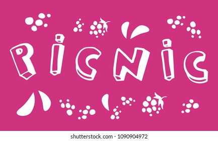 Vector hand drawn picnic lettering with dots and berries white on pink background