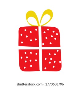 Imagen de una caja roja dibujada a mano con vectores con arcos de listones de regalo. Regalos para el año nuevo, cumpleaños, vacaciones. Envasado. Plano. Doodly. Ilustración digital.