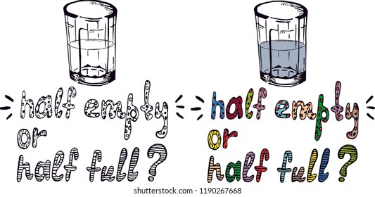 Vector hand drawn picture. You can see a glass of water and a question below, whether this glass is half empty or half full. Illustration is made in two variants.
