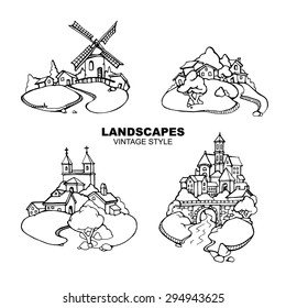 Vector hand drawn pictures with urban retro landscape set of buildings