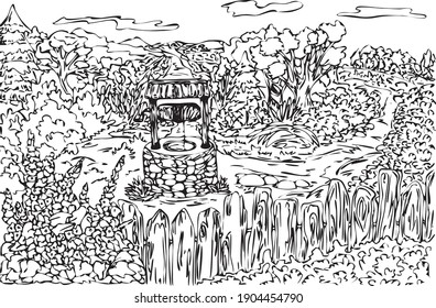 A vector hand drawn picturesque land. Rural landscape with an isolated lonely well surrounded by wild grown flora. Old wooden fence. Abandoned nature. Colouring page.
