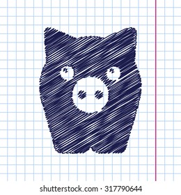 Vector hand drawn pig icon on copybook 