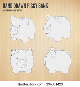 Vector Hand drawn piggy bank set. Money savings concept on cardboard texture background.