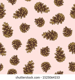 Vector hand drawn pine cones a on the pink background. Seamless Christmas pattern for fabric design or wrap paper