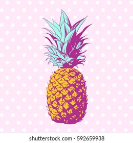Vector hand drawn pineapple with dotted background. Exotic tropical fruit. Pop art. Perfect for invitations, greeting cards, posters.