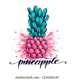 Vector hand drawn pineapple. Exotic tropical fruit. Sketch.  Print t-shirt, graphic element for your design. Vector illustration.