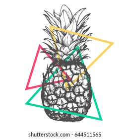 Vector hand drawn pineapple on white background. Exotic tropical fruit. Sketch. Pop art. Goods for invitations, greeting cards, posters.