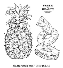 Handgezeichnete Ananas und geschnittene Teile. Tropische Sommerfrüchte graviert Stilgrafik. Detaillierte Zubereitung von Lebensmitteln. Gut für Label, Poster, Druck.