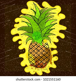 Vector hand drawn pineapple with striped background. Exotic tropical fruit.  Pop art. Perfect for invitations, greeting cards, posters.
