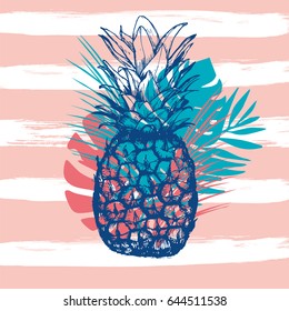 Vector hand drawn pineapple with striped background and tropical leaves. Exotic tropical fruit. Sketch. Pop art. Goods for invitations, greeting cards, posters.