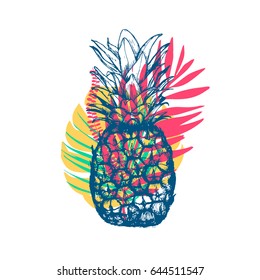 Vector hand drawn pineapple with tropical leaves on white background. Exotic tropical fruit. Sketch. Pop art. Goods for invitations, greeting cards, posters.