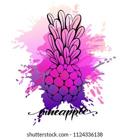 Vector hand drawn pineapple with watercoclor background. Exotic tropical fruit. Sketch.  Print t-shirt, graphic element for your design. Vector illustration.