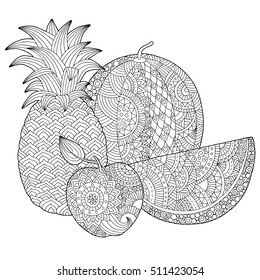 Vector hand drawn pineapple, watermelon, apple illustration for adult coloring book. Freehand sketch for adult anti stress coloring book page with doodle and zentangle elements