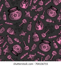 Vector hand drawn pink alchemy bottles seamless pattern on the spider web background. Black outline 
of potions, elixirs, vials and cauldrons. Halloween design.