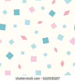 Vector hand drawn pink and blue squares and diamond shapes on pastel yellow background. Funky seamless pattern. Great for wellness, party, products, packaging stationery, home decor, texture