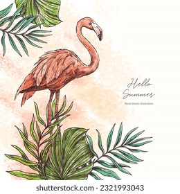 Vektor handgezeichnet rosa Flamingo unter tropischen Blättern. Sommer exotische Illustration im Vintage-Gravur-Stil. Tropisches Flamingo für Designs, Postkarten, Verpackungen