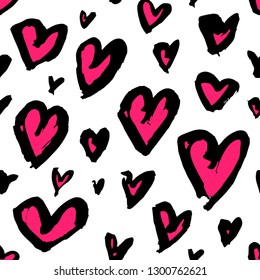 Vector hand drawn pink heart with black   stroke on white background pattern. Wrapping paper design on valentine's day. Romantic seamless pattern.