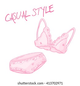 vector hand drawn pink lace bra and panties isolated on white backdrop.