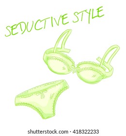 vector hand drawn pink lace bra and panties isolated on white backdrop.