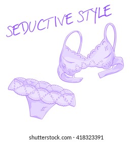 vector hand drawn pink lace bra and panties isolated on white backdrop.